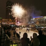 Outdoor fireworks show at ice rink